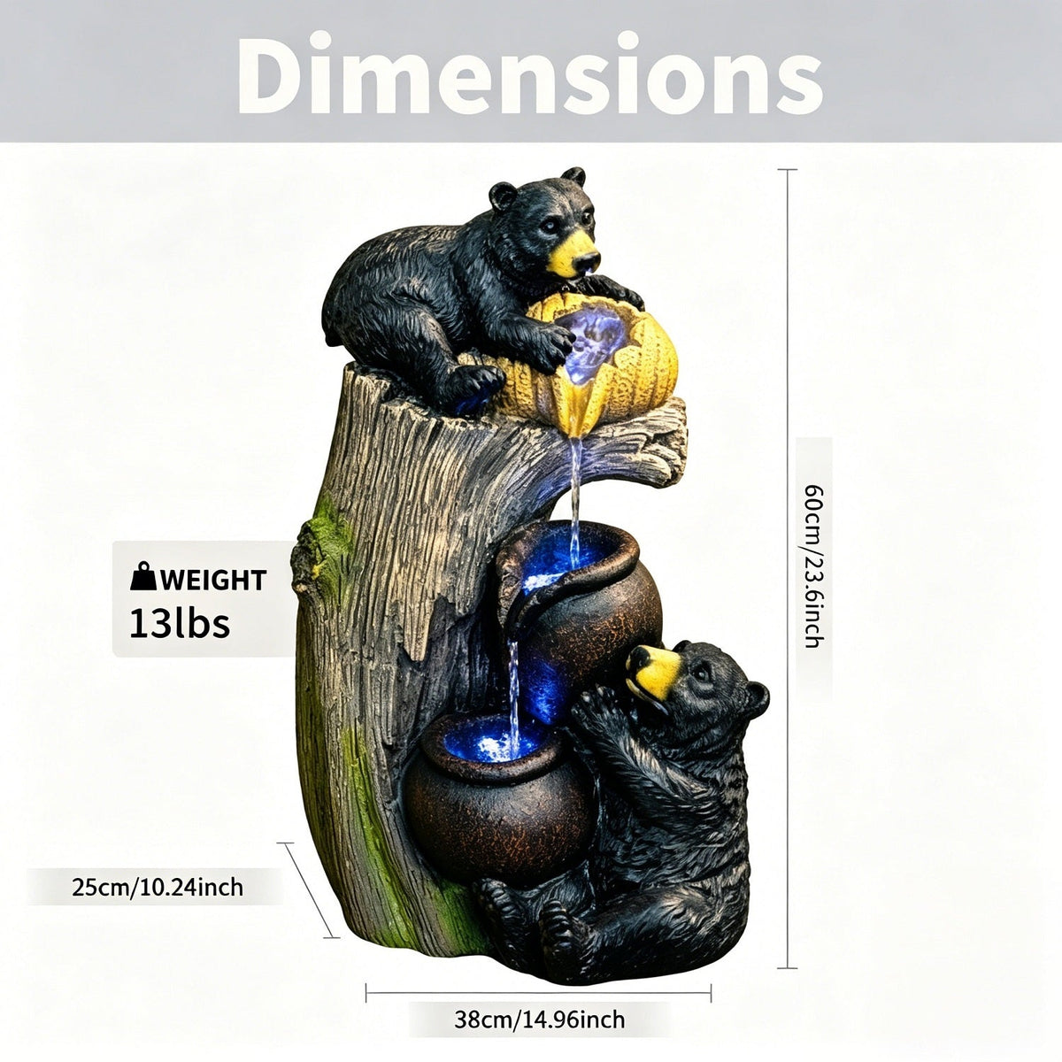 Resin Black Bear Outdoor Water Fountain with LED Lights