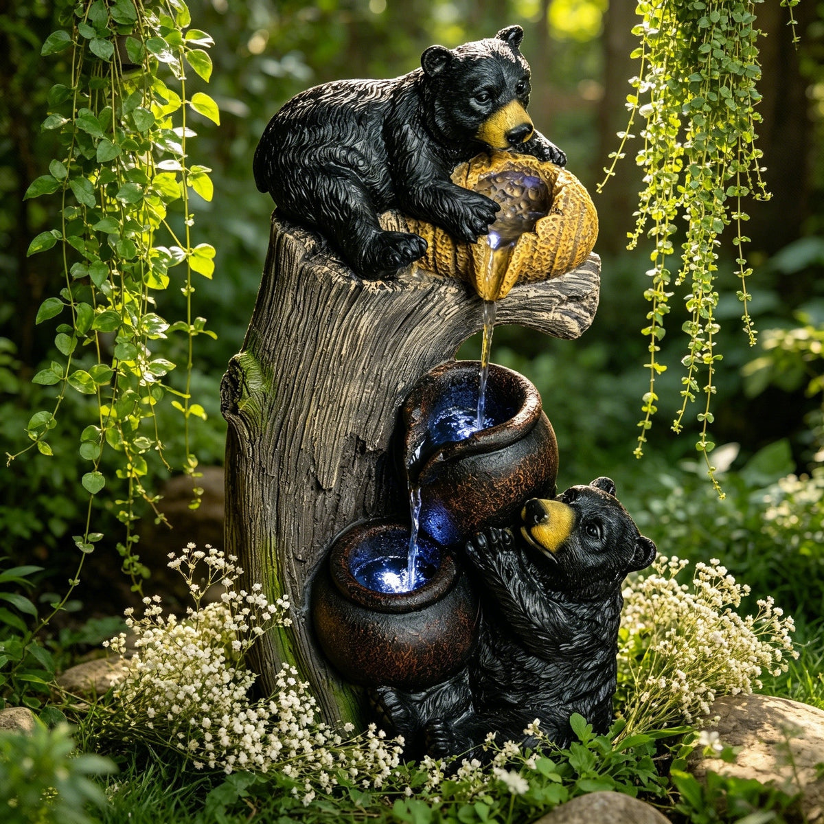 Resin Black Bear Outdoor Water Fountain with LED Lights