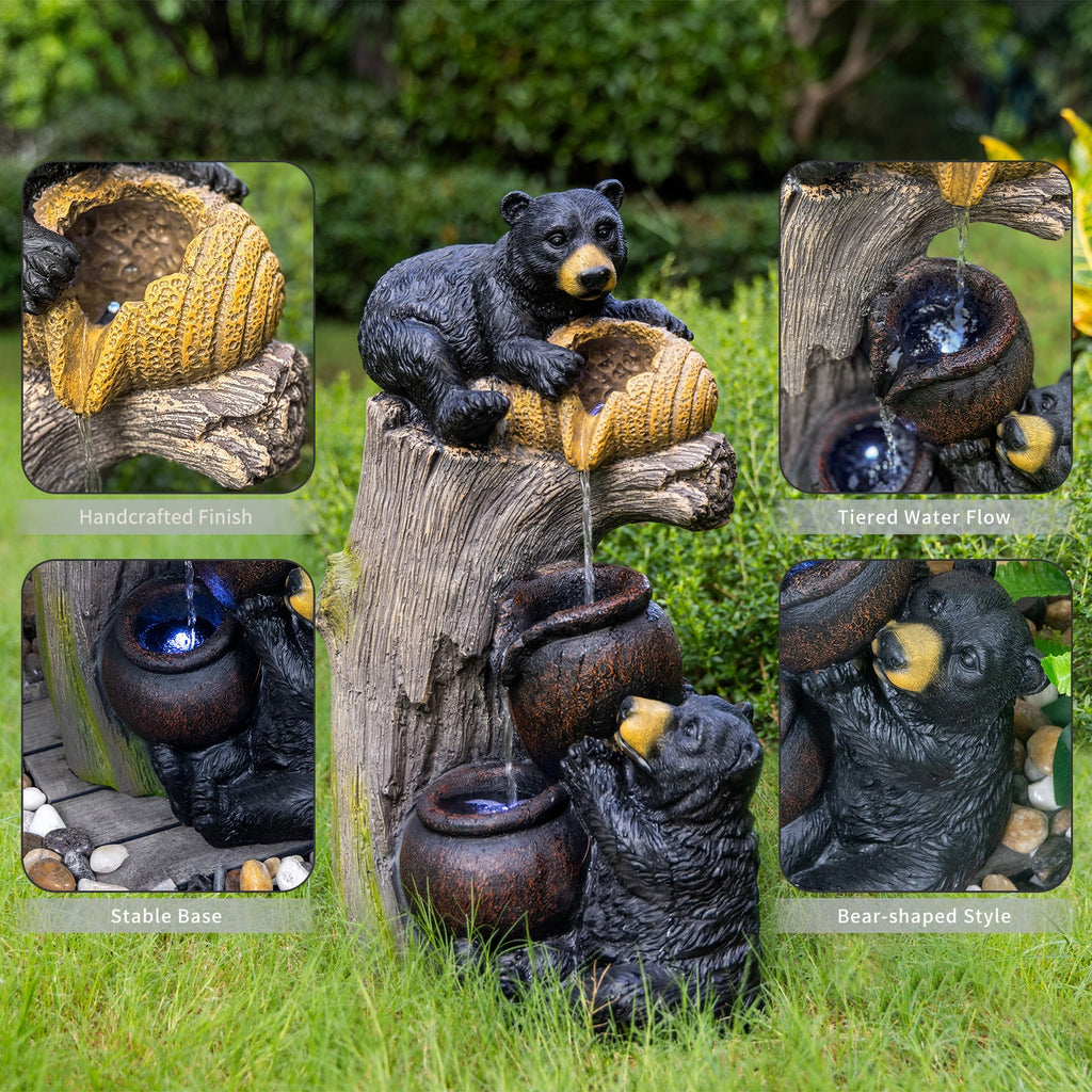Resin Black Bear Outdoor Water Fountain with LED Lights