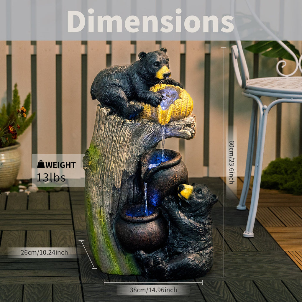 Resin Black Bear Outdoor Water Fountain with LED Lights