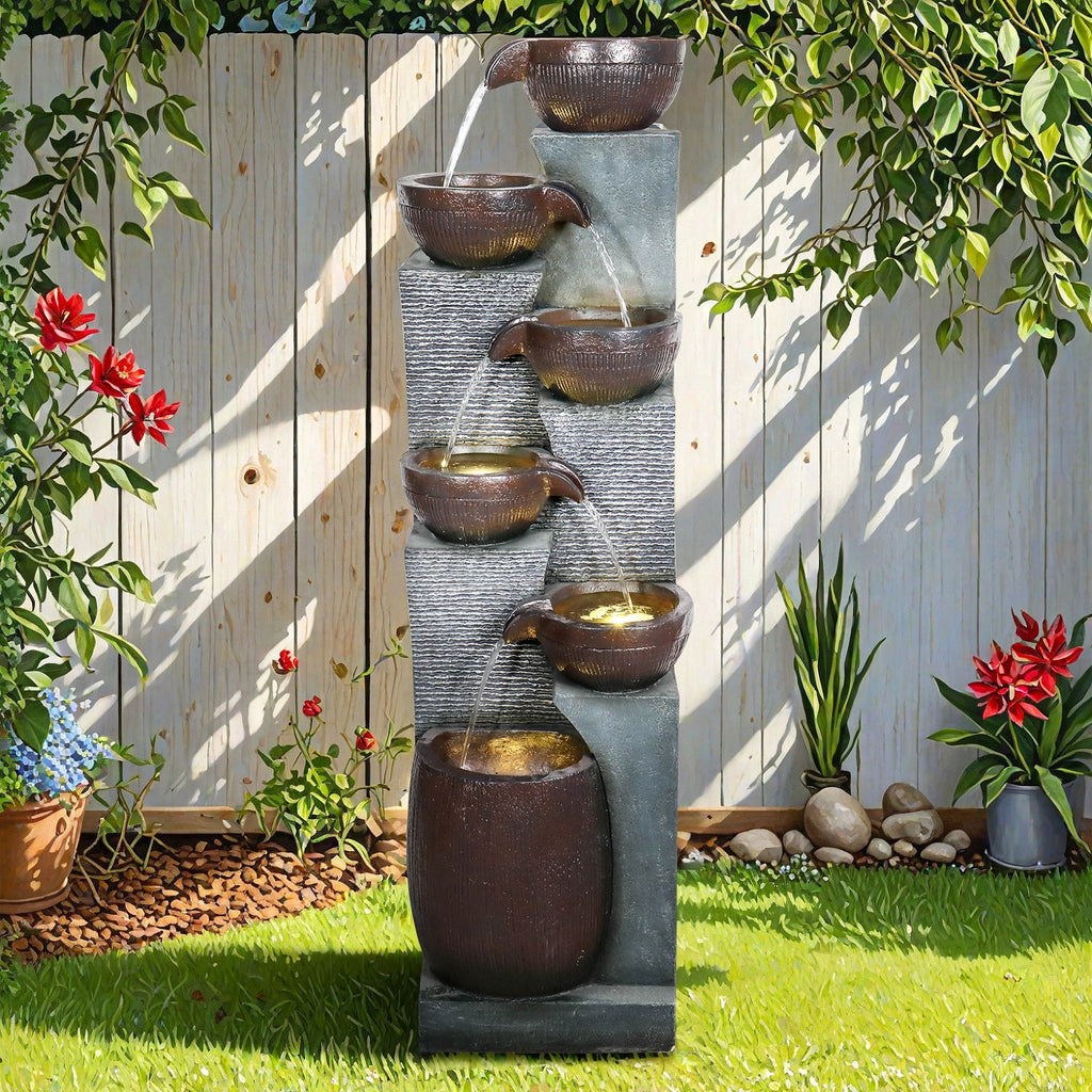 Resin 6 Tier Outdoor Water Fountain Pottery Bowls 53 in