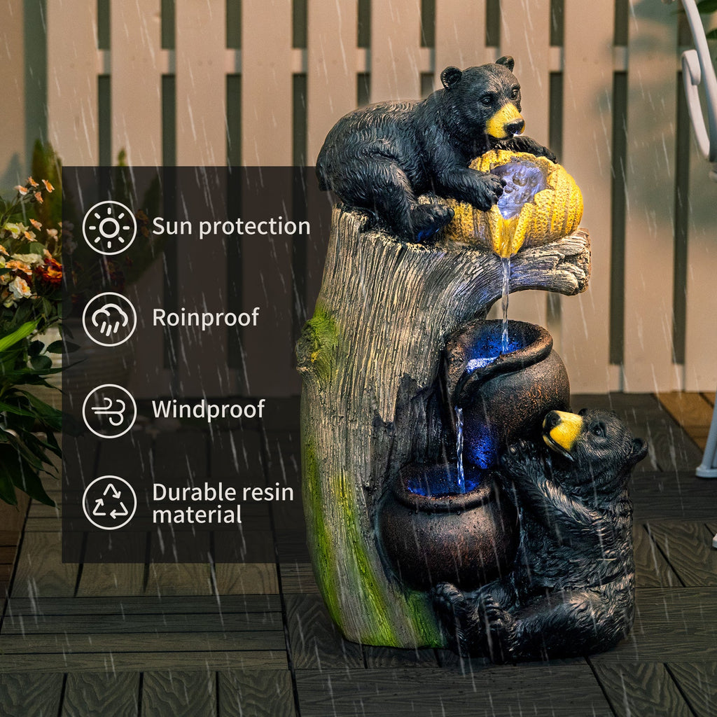 Resin Black Bear Outdoor Water Fountain with LED Lights